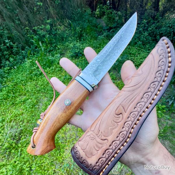 Couteau lame fixe acier damas manche bois perle edc collection camping chasse #302