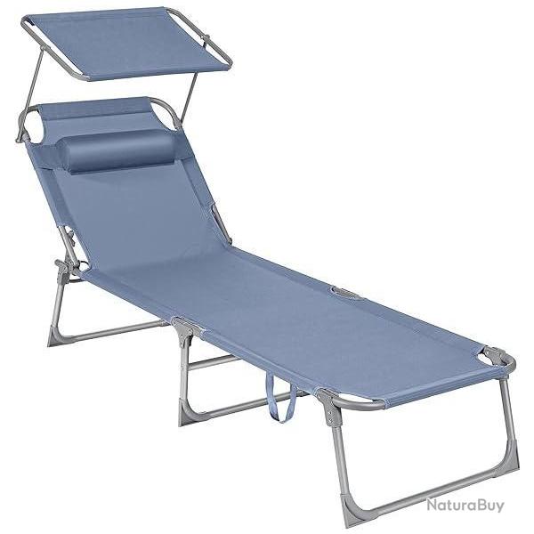 Chaise Longue Pliable - Transat - Dossier Inclinable - Pare-Soleil - Jardin Piscine