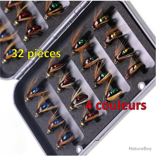Kit de mouches de p�che � la mouche app�t artificiel nymphe mouche r�alistes 4 couleurs  32PC