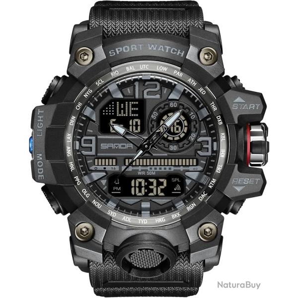 Montre Sport Homme Militaire Etanche Multifonction LED Chrono Double Fuseau Grand cadran 5ATM Noir