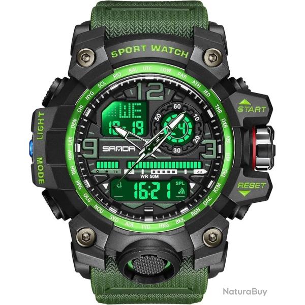 Montre Sport Homme Militaire Etanche Multifonction LED Chrono Double Fuseau Grand cadran 5ATM Vert