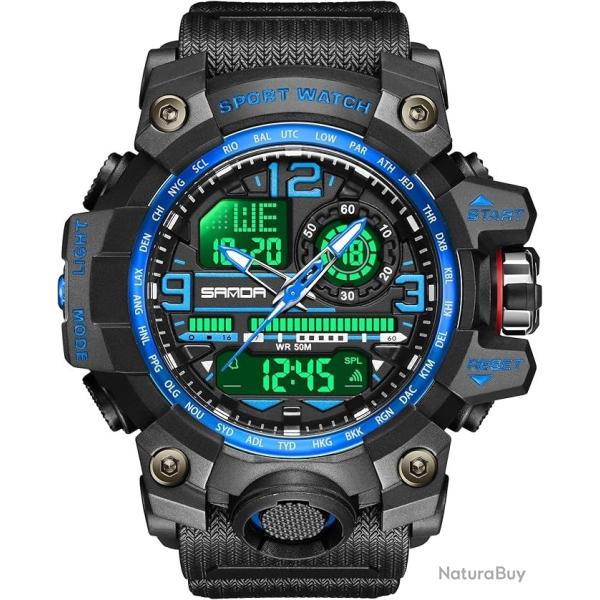 Montre Sport Homme Militaire Etanche Multifonction LED Chrono Double Fuseau Grand cadran 5ATM Bleu