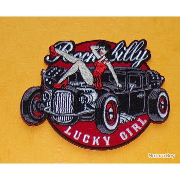 TISSU PATCH :  ROCKABILLY , LUCKY GIRL , DIAMETRE 9CM , BON ETAT VOIR PHOTOS . POUR TOUT RENSEIGN