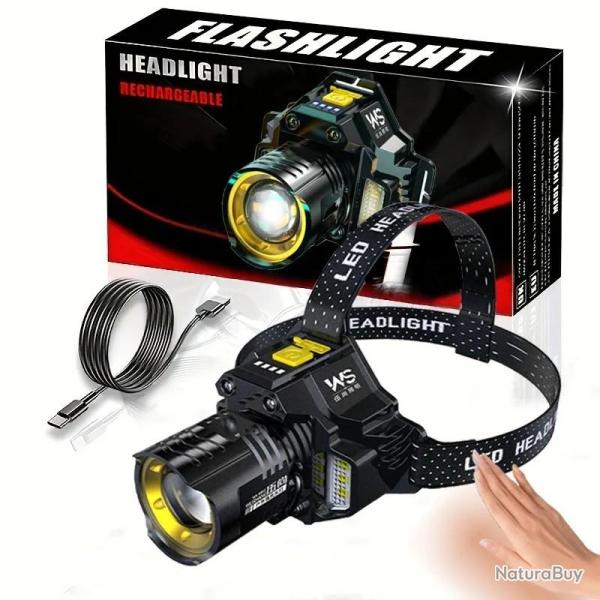 Lampe Frontale LED Rechargeable COB Puissante Etanche 5 Modes Capteur tir Zoom USB Camping Chasse