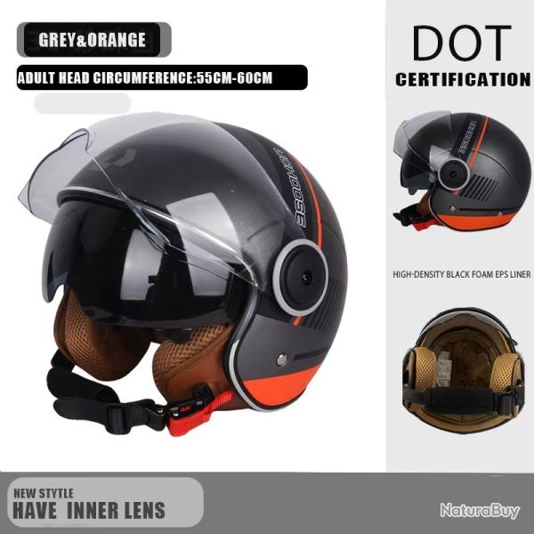 CASQUE DE MOTO AVEC VISIERE STYLE RETRO VINTAGE ITALIE VESPA COULEUR GRIS ET ORANGE DOT NEUF