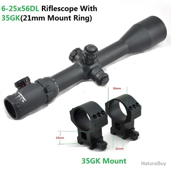 Visionking-Lunette de chasse point Mil illumin-**6-25x56 Scope 21mm ring