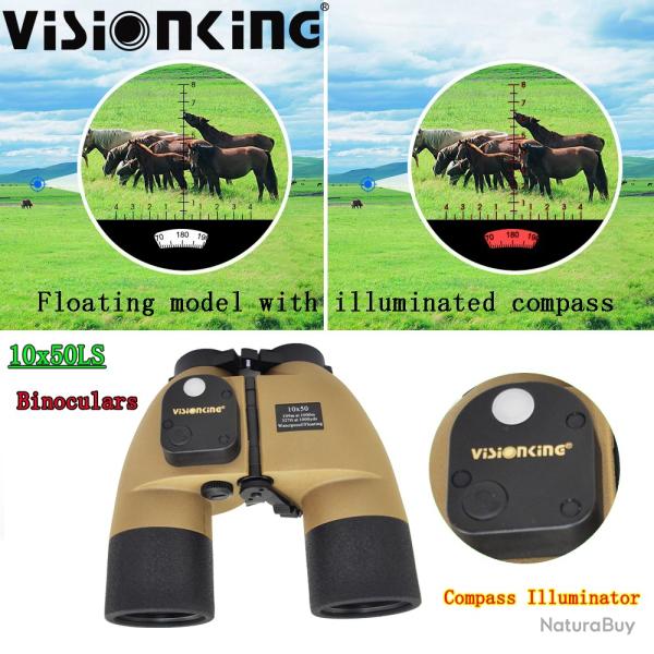 Visionking-Jumelles tanches IPX7, 10x50, boussole de bateau, illuminateur