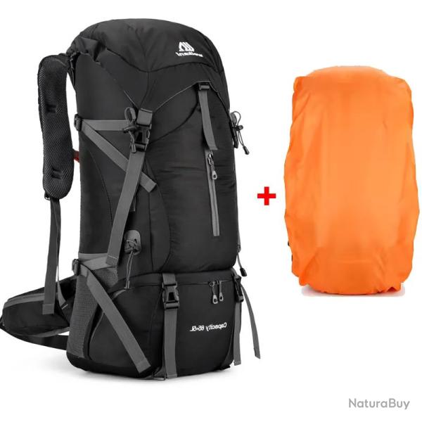 SAC � DOS 70 LITRES + HOUSSE DE PLUIE - NOIR - LIVRAISON GRATUITE