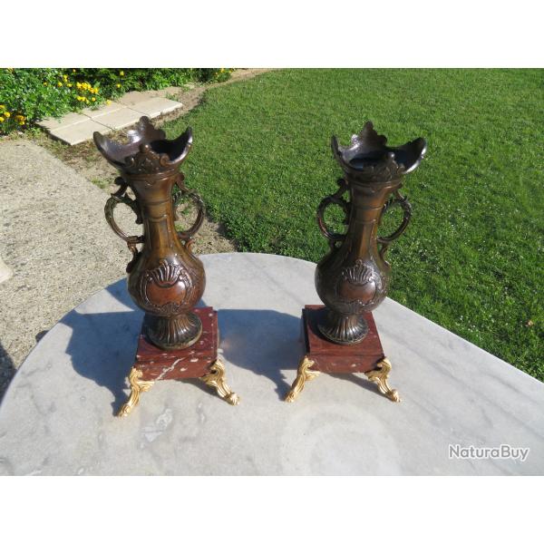 Ancienne paire de vase de garniture de Chemine en rgule et marbre rouge vein, dbut 20me Sicle