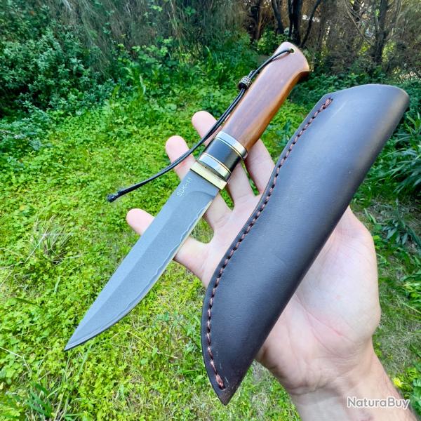 Couteau lame fixe acier damas intercouche Nikel SDK-11 bois d'�b�ne avec �tui #303