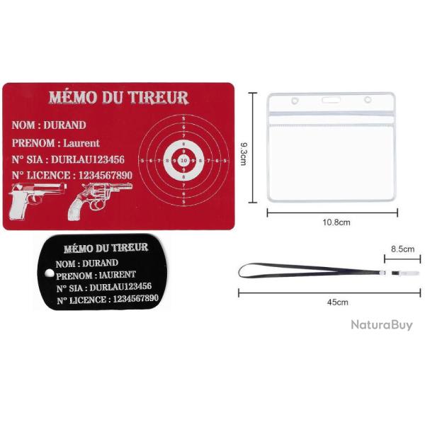 M�mo tireur sportif FFT rouge + Port� cl� TAG militaire en aluminium grav� au laser (Recto) + Porte 