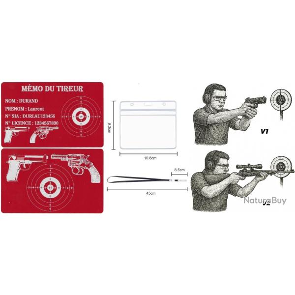 M�mo tireur sportif FFT rouge en aluminium grav� au laser (Recto / Verso) + Porte badge tour de cou