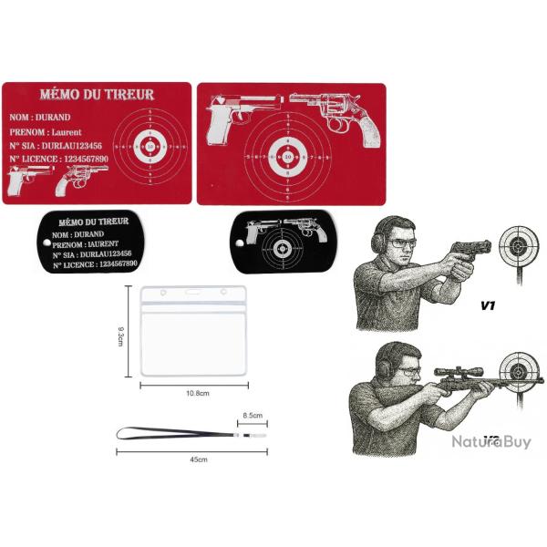 M�mo tireur sportif FFT rouge + Port� cl� TAG militaire en aluminium grav� au laser (R / V) + Porte 