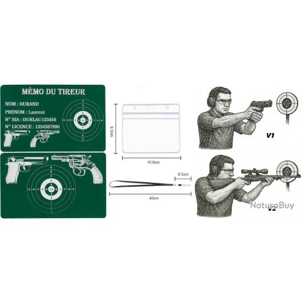 M�mo tireur sportif FFT vert en aluminium grav� au laser (Recto / Verso) + Porte badge tour de cou