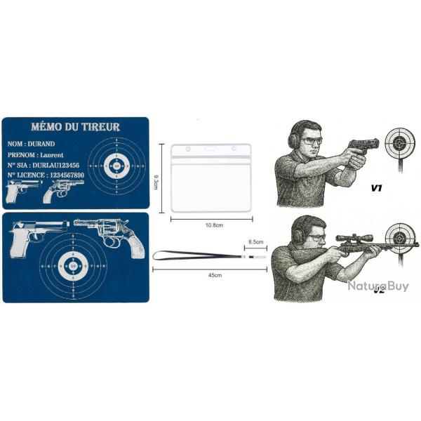 M�mo tireur sportif FFT bleu en aluminium grav� au laser (Recto / Verso) + Porte badge tour de cou