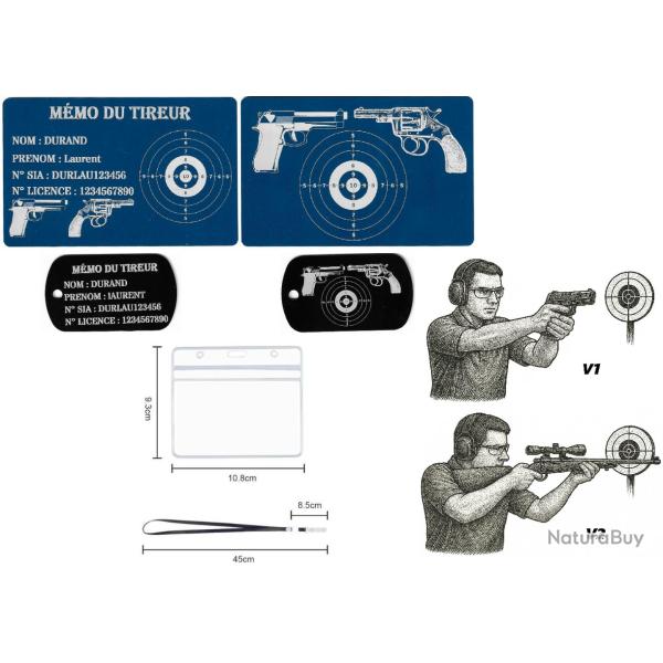 M�mo tireur sportif FFT bleu + Port� cl� TAG militaire en aluminium grav� au laser (R / V) + Porte b