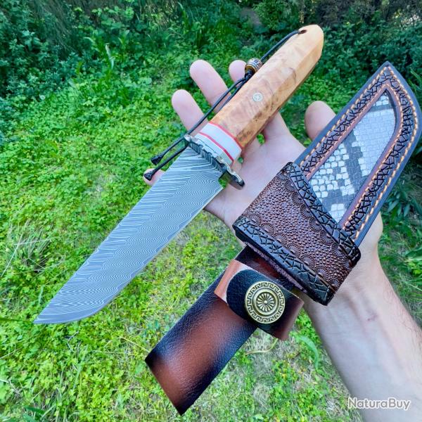 Grand couteau lame fixe acier damas tanto style japonais avec �tui imitation peau de serpent #304