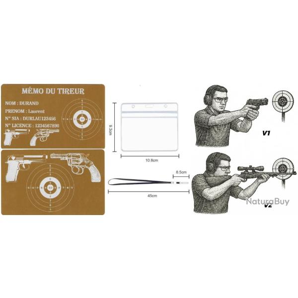 M�mo tireur sportif FFT dor� en aluminium grav� au laser (Recto / Verso) + Porte badge tour de cou