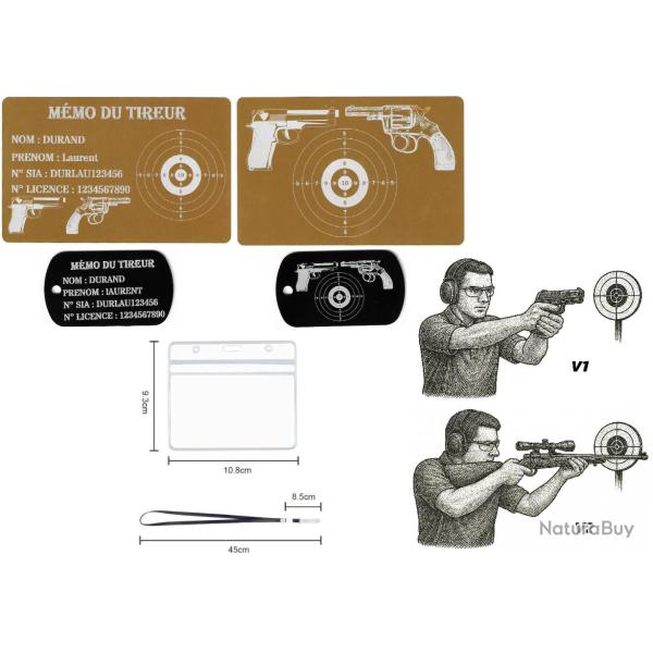 M�mo tireur sportif FFT dor� + Port� cl� TAG militaire en aluminium grav� au laser (R / V) + Porte b