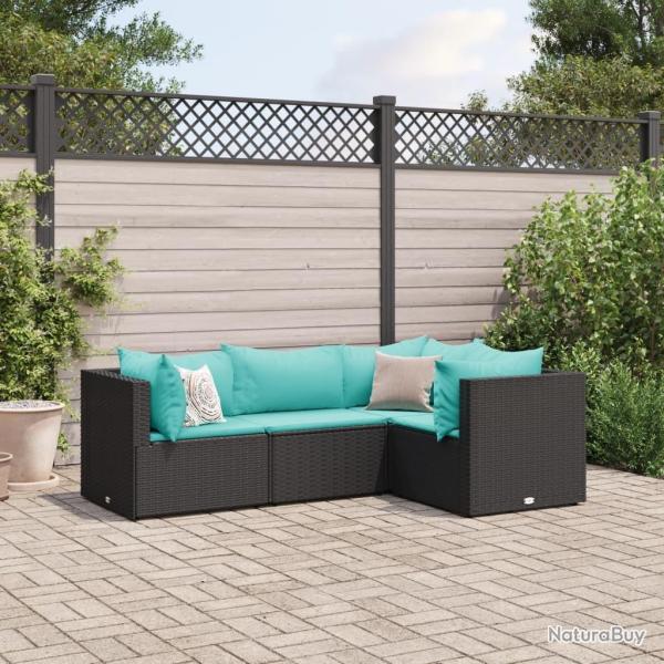 Salon de jardin 4 pcs avec coussins Noir R�sine tress�e