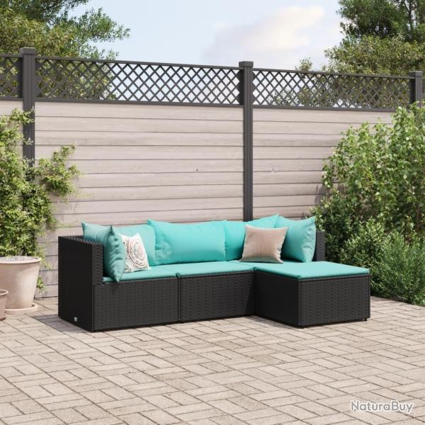 Salon de jardin 4 pcs avec coussins Noir R�sine tress�e