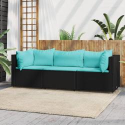 Salon de jardin 3 pcs avec coussins Noir R&eacute;sine tress&eacute;e