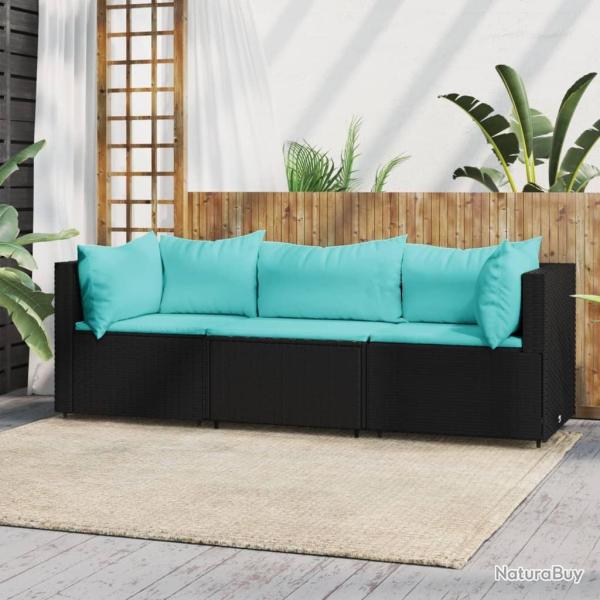 Salon de jardin 3 pcs avec coussins Noir R�sine tress�e
