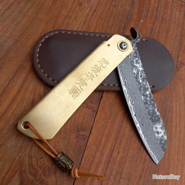 Gros Couteau JAPONAIS HIGONOKAMI Manche en Laiton avec �tui en cuir