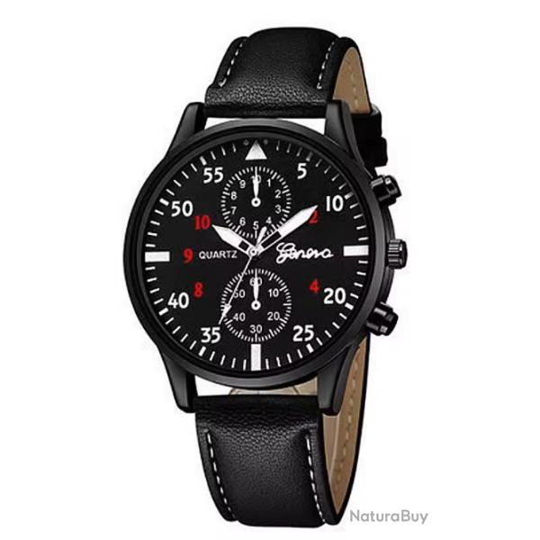 Montre Homme Aviateur Bracelet Fa�on Cuir Noir Boitier m�tal Fond Noir Aiguilles Luminescentes