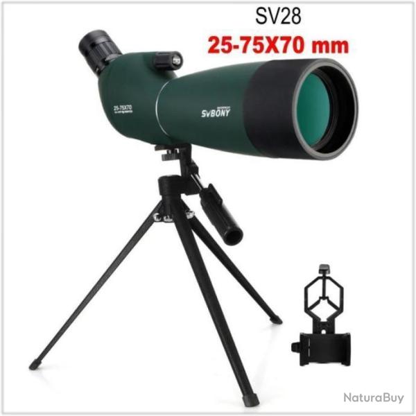 Longue Vue SV28 25-75x70 *Enchre* +Trpied +Support Phone Zoom Prisme BK4 Etanche Chasse Outdoor
