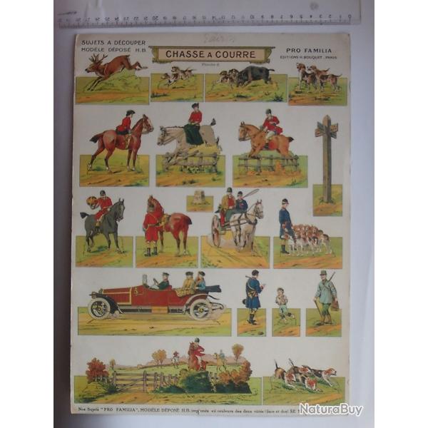 DECOUPAGE ANCIEN Grand format cartonn� PRO FAMILIA th�me CHASSE A COURRE - Equipage Cerf sanglier