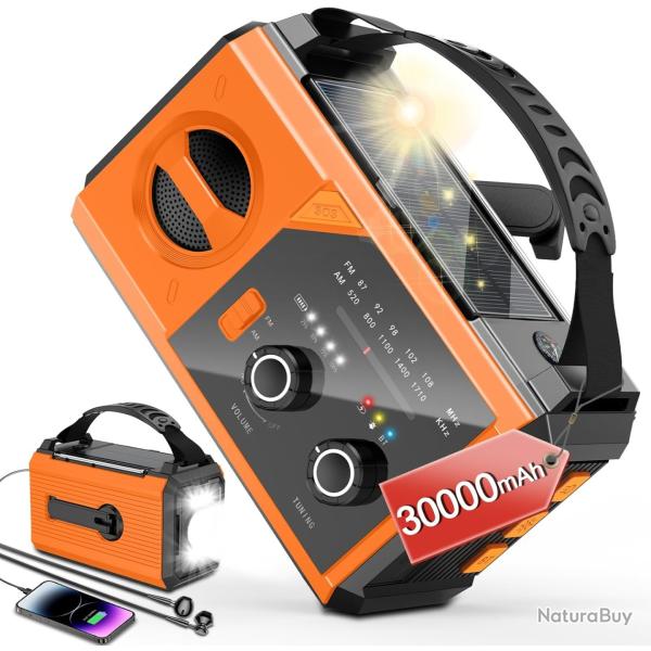 Radio Solaire Portable AM/FM Batterie 30000mAh Boussole SOS Bluetooth Manivelle Lampe de Poche