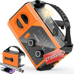 Radio Solaire Portable AM/FM Batterie 27000mAh Boussole SOS Bluetooth Lampe de Poche Manivelle