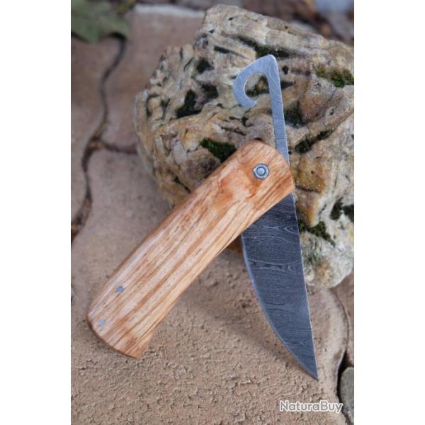 Couteau Pi�montais Manche Bois Olivier Lame Acier Damas 128 Couches Trailing Point Fabric Artisanale