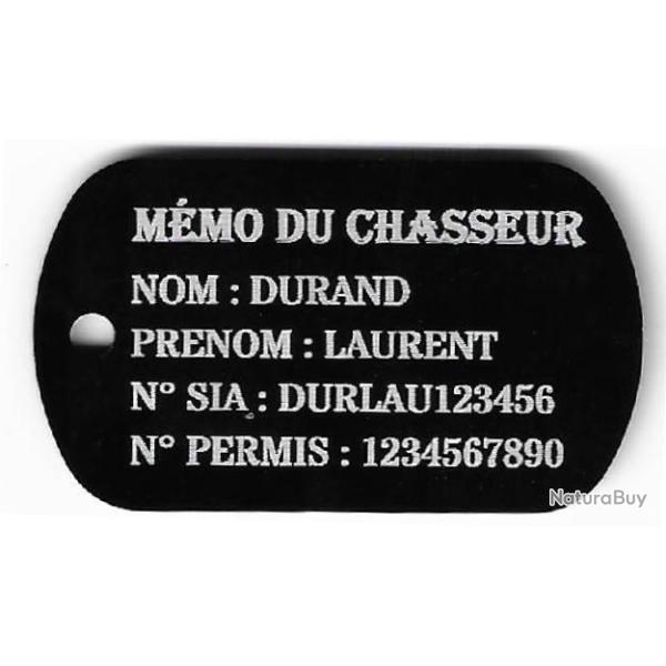 M�mo Chasseur porte cl� TAG militaire en aluminium grav� au laser (Recto)