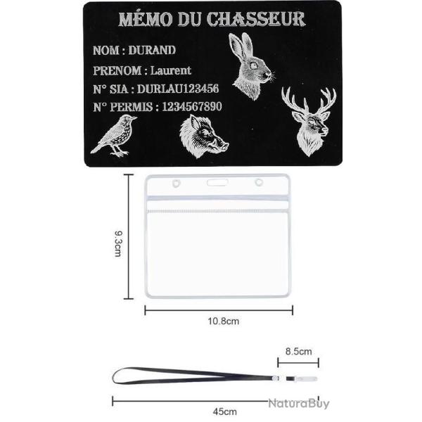 M�mo Chasseur en aluminium grav� au laser (Recto) + Porte badge tour de cou
