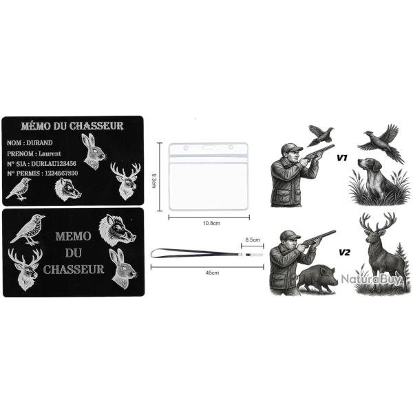 M�mo Chasseur en aluminium grav� au laser (Recto / Verso) + Porte badge tour de cou