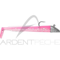 Leurre souple POWERLINE Sand eel mont&eacute; 10cm 25g Rose fluo/Ventre translucide paillet&eacute;