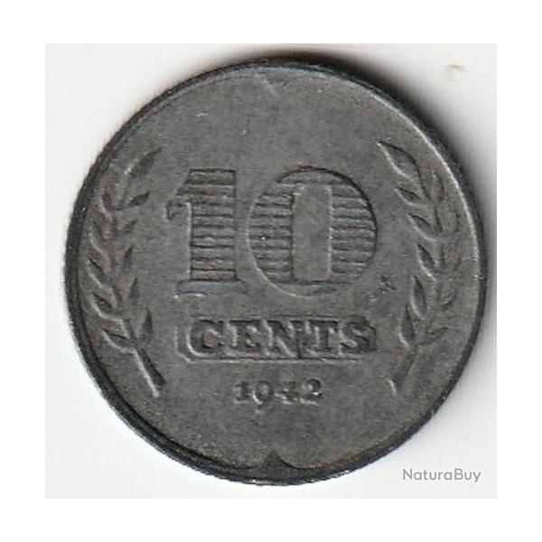 Pi�ce de Monnaie Pays Bas 10 cents Wilhelmine Occupation allemande 1942