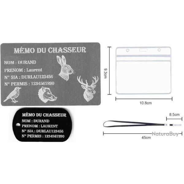 M�mo Chasseur Argent� + Port� cl� TAG militaire en aluminium grav� au laser (Recto) + Porte badge to