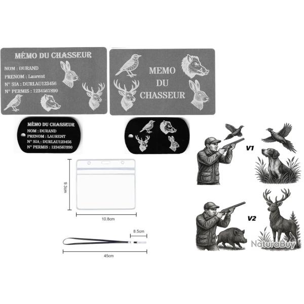 M�mo Chasseur Argent� + Port� cl� TAG militaire en aluminium grav� au laser (R / V) + Porte badge to