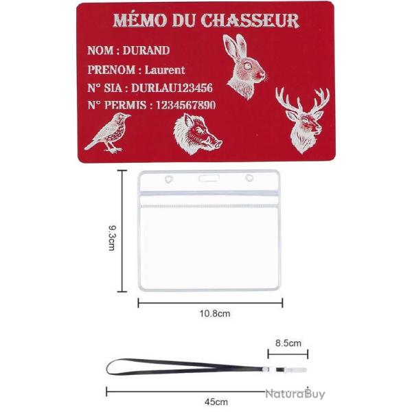 M�mo Chasseur rouge en aluminium grav� au laser (Recto) + Porte badge tour de cou