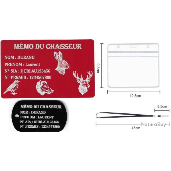 M�mo Chasseur rouge + Port� cl� TAG militaire en aluminium grav� au laser (Recto) + Porte badge tour