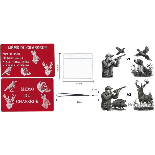 M�mo Chasseur rouge en aluminium grav� au laser (Recto / Verso) + Porte badge tour de cou