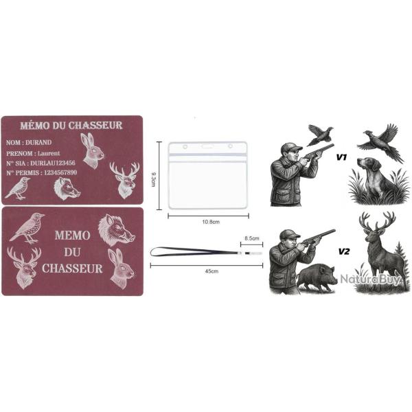 M�mo Chasseur rose en aluminium grav� au laser (Recto / Verso) + Porte badge tour de cou