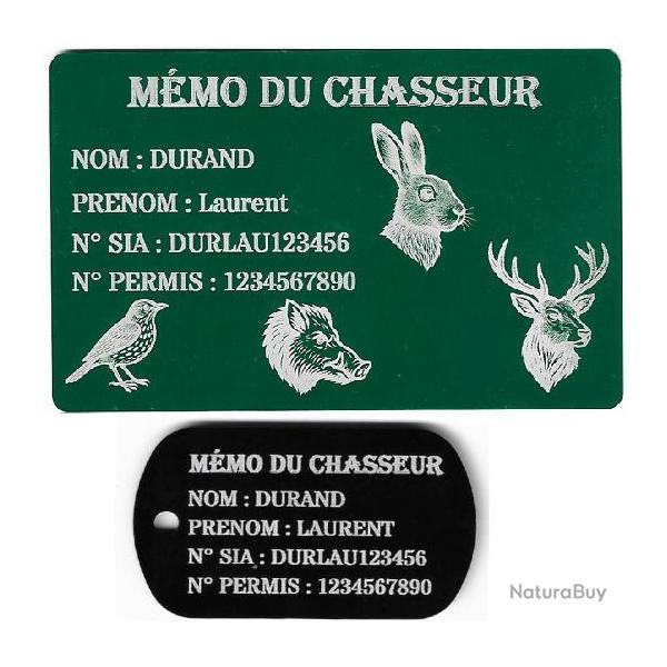 M�mo Chasseur vert + Port� cl� TAG militaire en aluminium grav� au laser (Recto)
