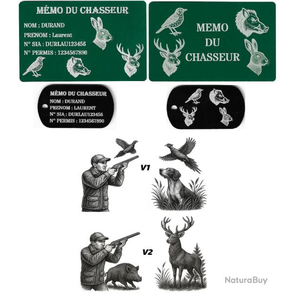 M�mo Chasseur vert + Port� cl� TAG militaire en aluminium grav� au laser (Recto / Verso)