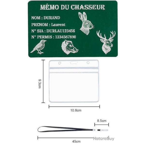 M�mo Chasseur vert en aluminium grav� au laser (Recto) + Porte badge tour de cou
