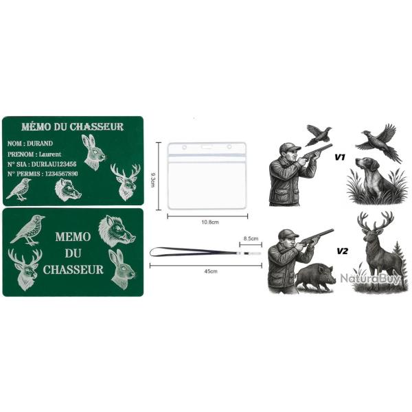 M�mo Chasseur vert en aluminium grav� au laser (Recto / Verso) + Porte badge tour de cou