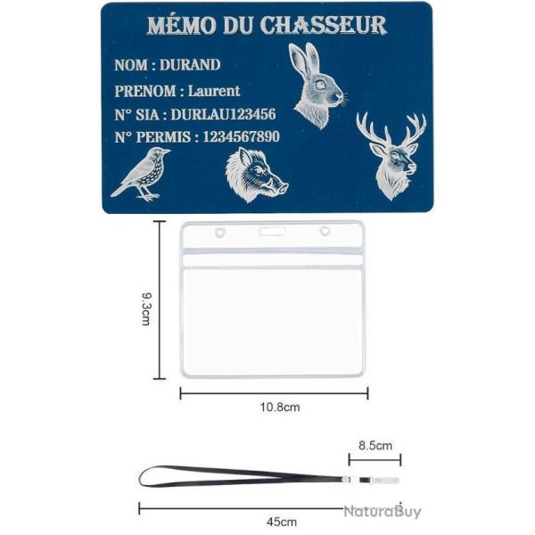 M�mo Chasseur bleu en aluminium grav� au laser (Recto) + Porte badge tour de cou